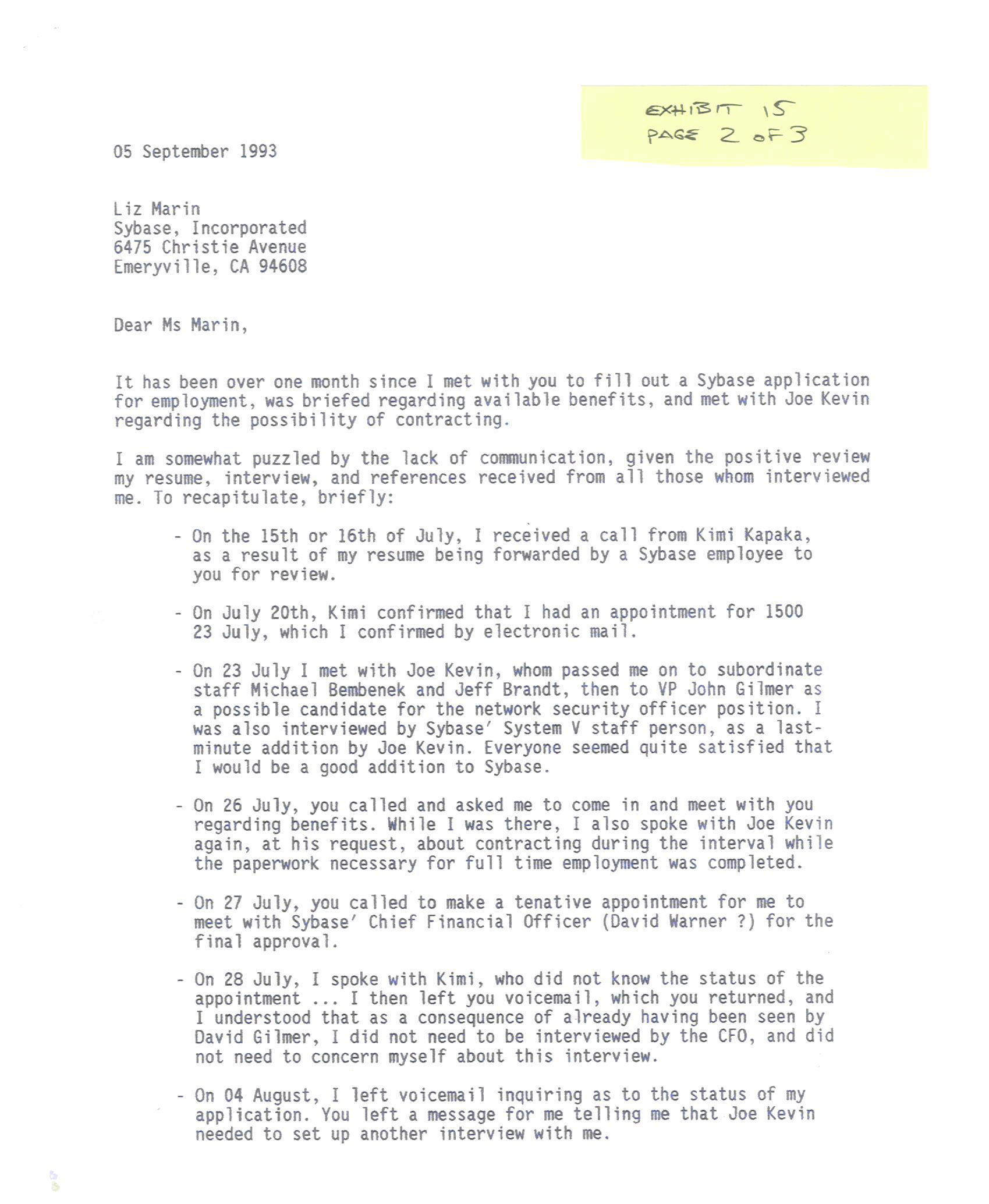 Letter to Liz Marin, page 1 of 2